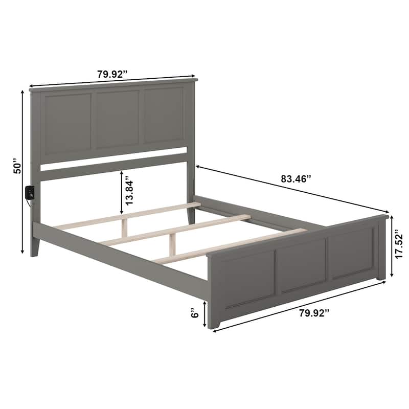 King Size Bed Frame with Footboard & USB - Grey Foundation Bed - Solid Wood Bedroom Furniture