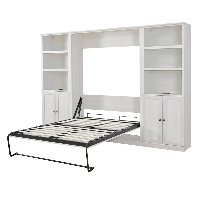 Half Self-Close and Open Murphy Bed with 2 Side Cabinet Storage Shelf