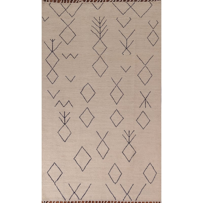 Geometric Ivory Moroccan Area Rug Hand-Knotted Wool Carpet - 5'7"x 9'5"