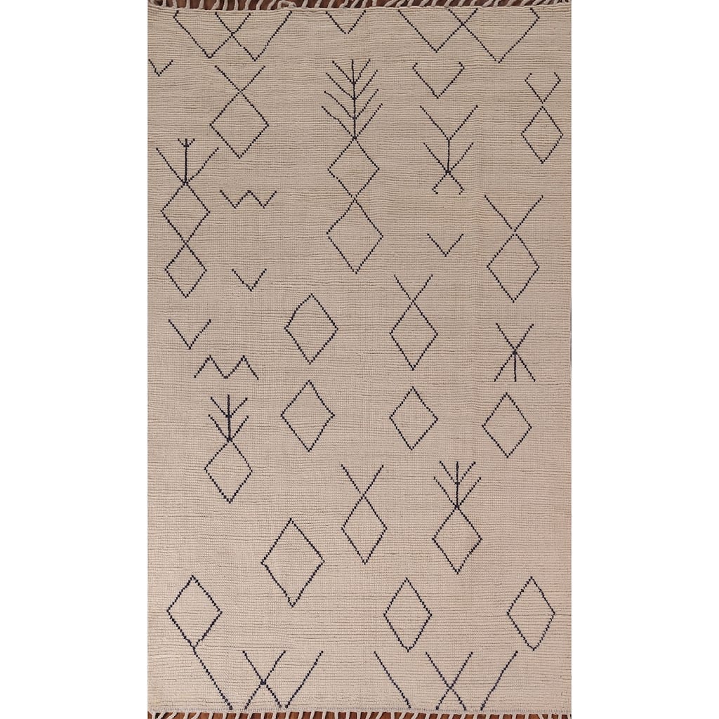 Geometric Ivory Moroccan Area Rug Hand-Knotted Wool Carpet - 5'7"x 9'5"