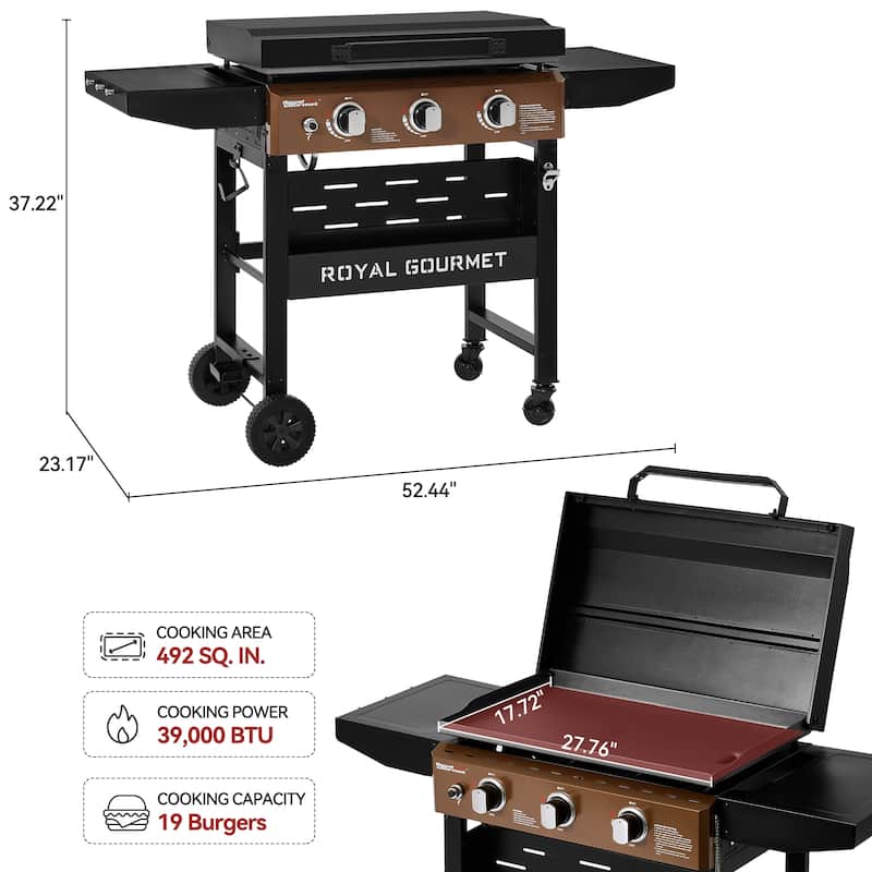 Royal Gourmet GB3000PY 3-Burner Gas Griddle with Hood & Collapsible Side Shelves, 39,000 BTU, 492 Sq. In. Cooking Area