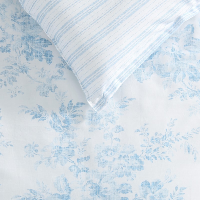 Laura Ashley Annalise Floral Reversible Stripe Breathable Cotton Comforter Set (Blue)