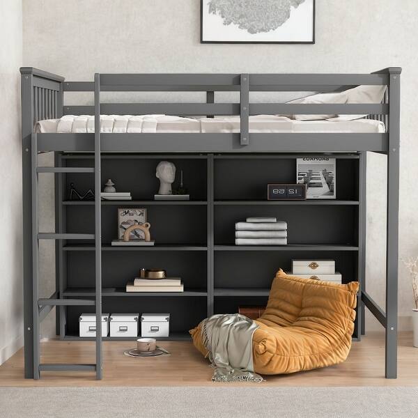 slide 2 of 24, Twin Size Loft Kids Bed with 8-Open Storage Shelves and Built-in Ladder, Space-Saving Design for Bedroom, Easy to Assemble, Grey Grey