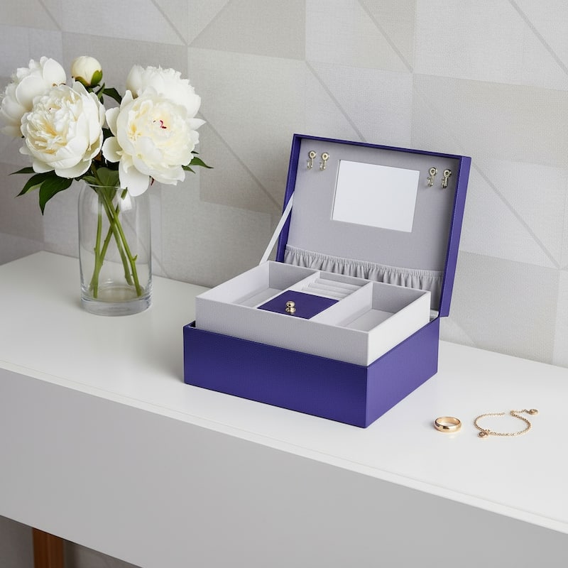 10" Azure Faux Leather Six Section Mirrored Jewelry Box - Azure