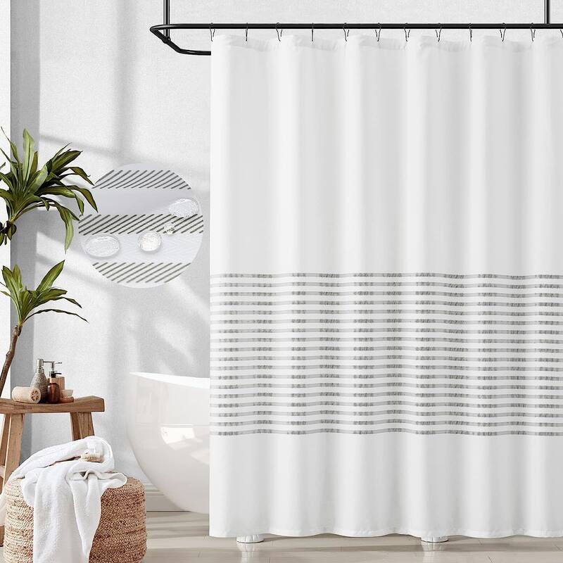 White Shower Curtain with Stripes Fabric for Bathroom ModernWater