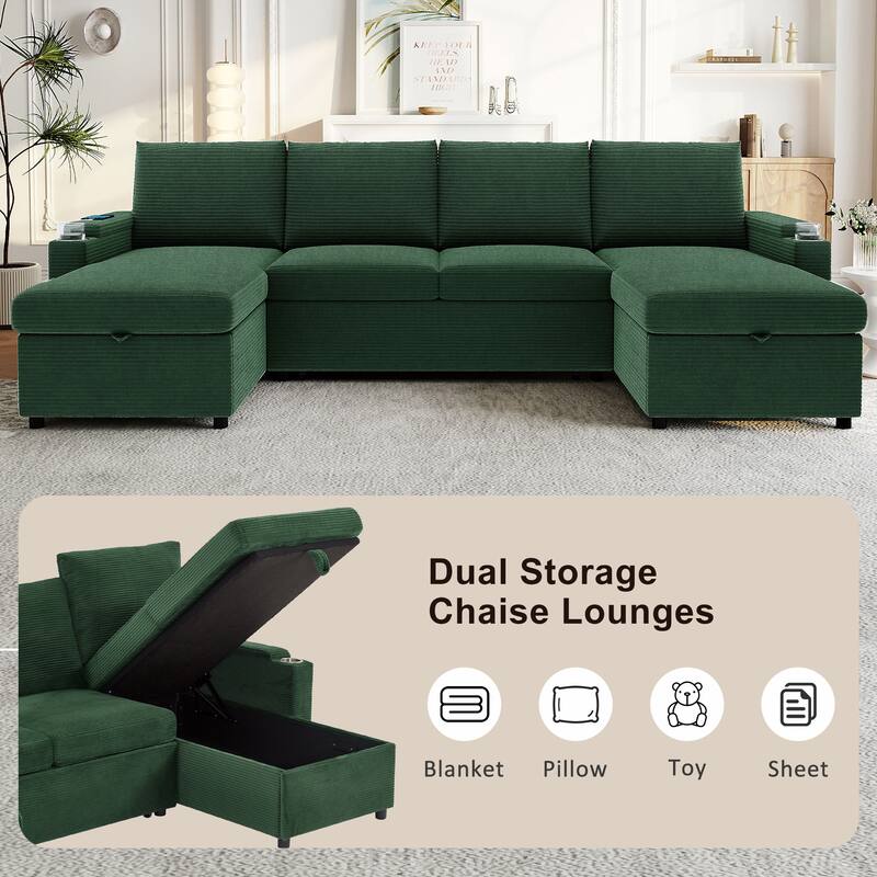 U-Shaped Sectional Sofa Convertible Sleeper Sofa with Dual Storage Chaise Lounges, Cup Holders, USB, Storage Boxes and Pockets