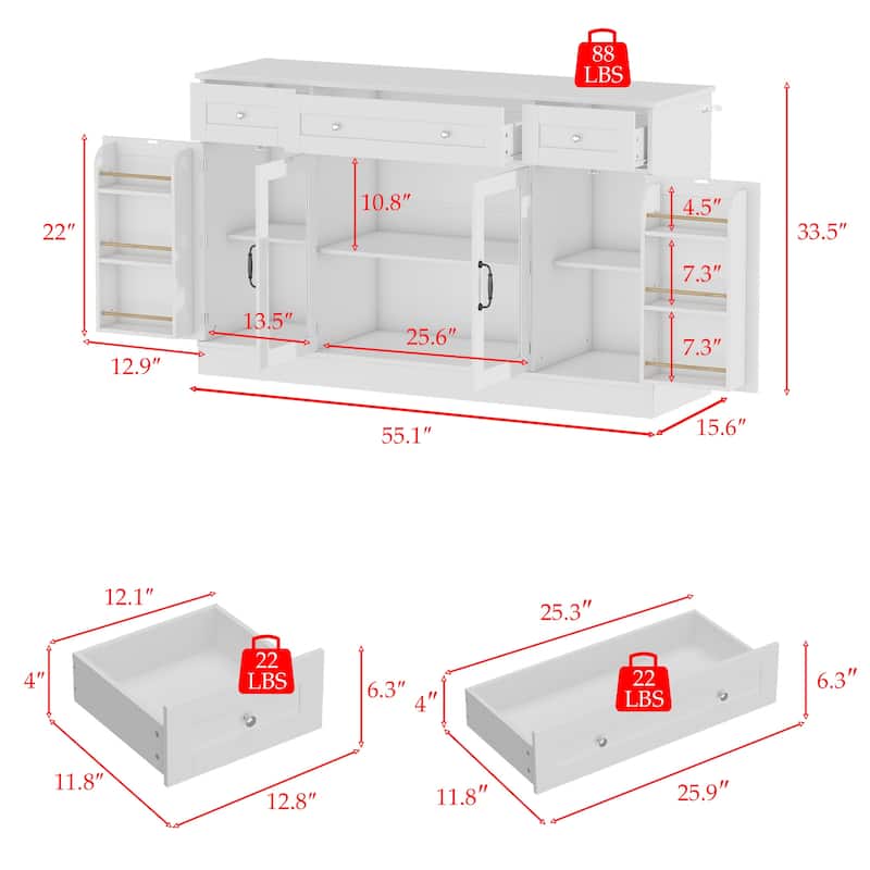 White Buffet Cabinet with 3 Drawers and 4 Doors, Glass Center Doors Sideboard