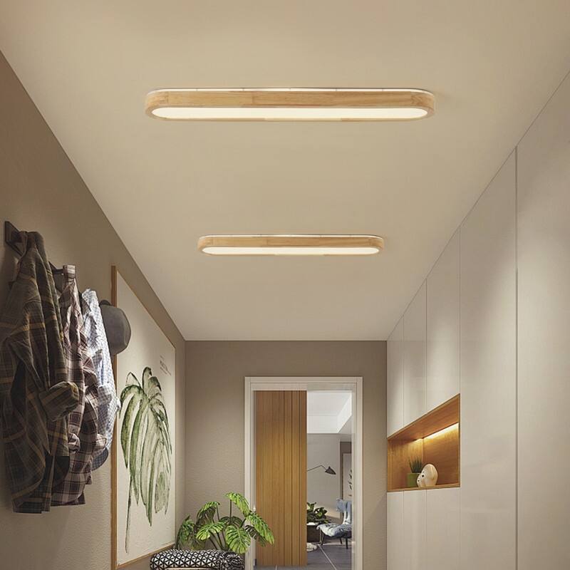 Modern Linear Flush Mount Ceiling Light Matte White Metal with Wood Grain Accent Milky White Diffuser