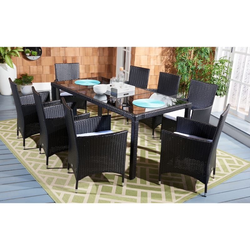 SAFAVIEH Outdoor Lianna 9-Piece Wicker Dining Set - 75Wx35Dx29H - Black/White Cushion