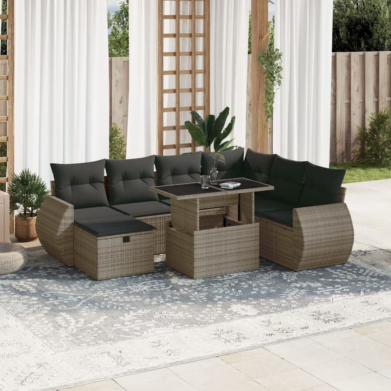 vidaXL Patio Sofa Set with Cushions Outdoor Furniture 8 Piece Poly Rattan - Grey - 21.7 x 39.4 x 28.7 in