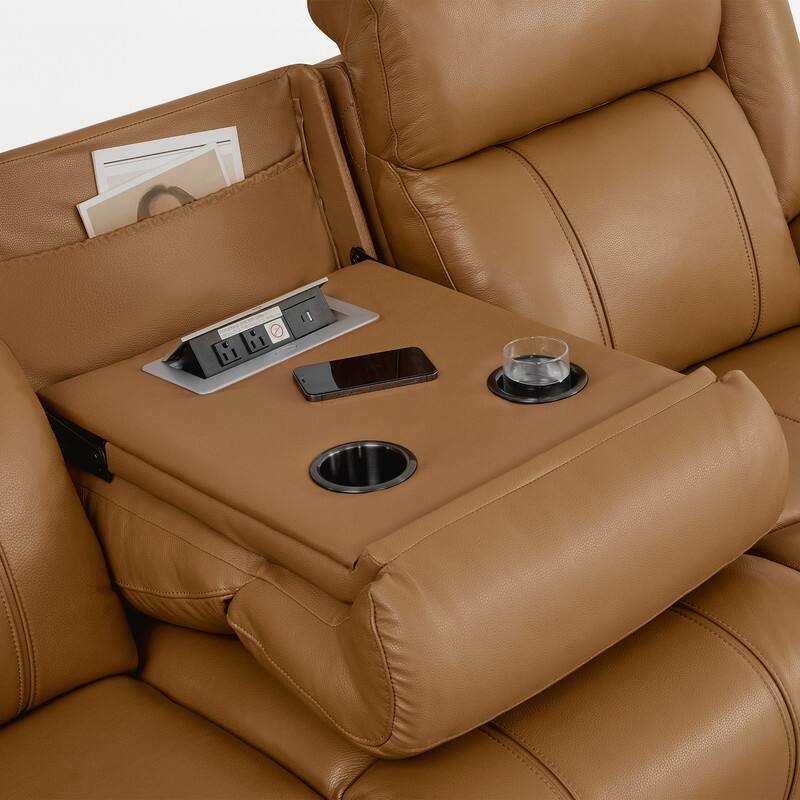 Spruce & Spring Genuine Leather Power Reclining Sofa with Optional Console & Flip-Down Table