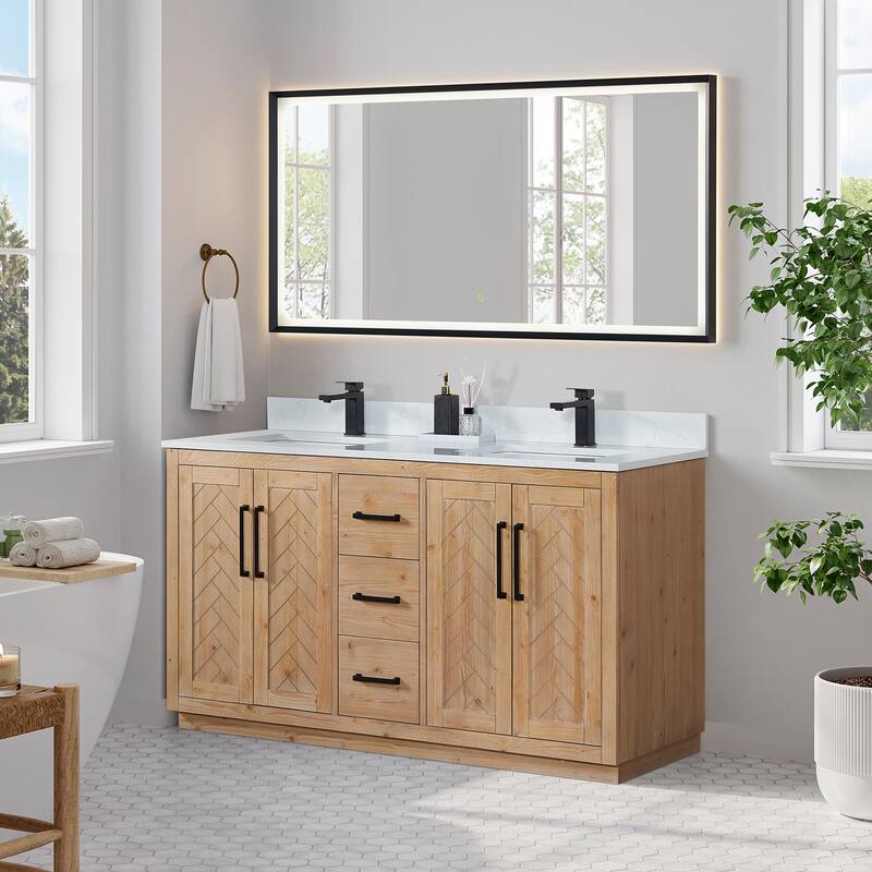 Anais Single Bathroom Vanity in Light Brown with Grain White Engineered Stone Countertop with Mirror - 60inch