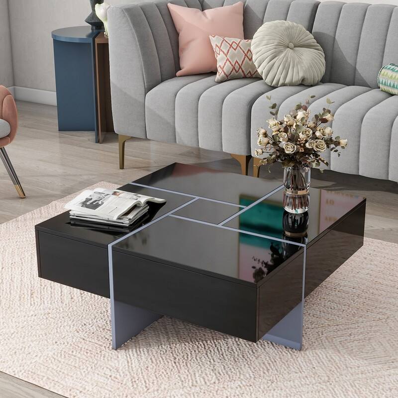 ON-TREND Unique Design Coffee Table with 4 Hidden Storage Compartments - Black