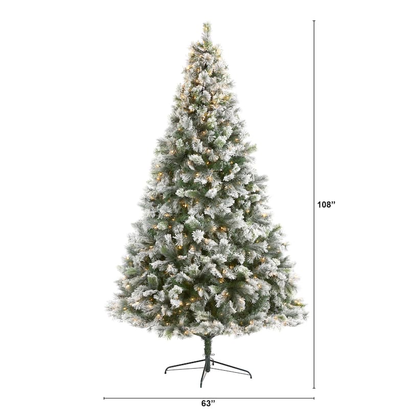 9ft Flocked Christmas Tree with Lights - Prelit Artificial Pine Holiday Decor - Green - 108