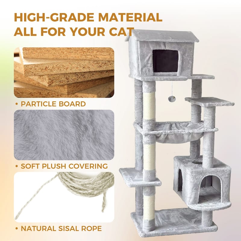 64 in Cat Tree with Unique Cat House, Hammock, Scratching Posts, Plush Cat Tower for Indoor Cats for Multiple Cats