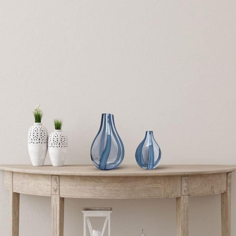 Set of Two Tear Drop Striped Glass Vases in Blue