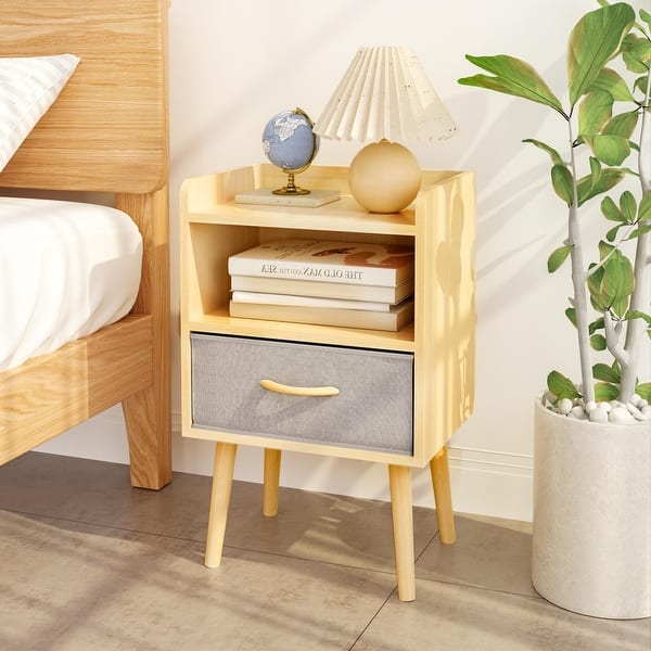 slide 2 of 11, Nightstand With Collapsible Fabric Drawer, 2-Tier Storage End Table, Wood Side Table with Storage Cabinet for Bedroom Natural