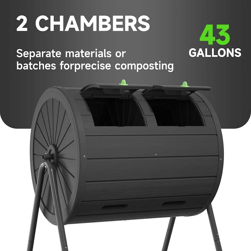Dual Chamber Tumbling Composter, 43 Gallon Outdoor Tumbling Composter, Rotating Design with Renovate Doors and Steel Frame