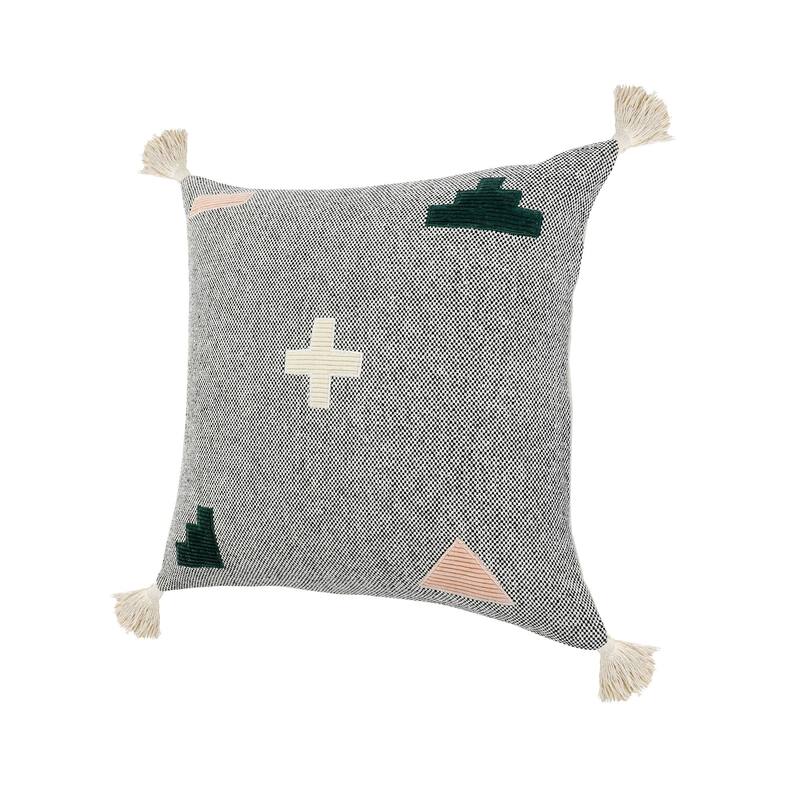 20" Gray and Black Geometric Patchwork Square Throw Pillow with Tassels