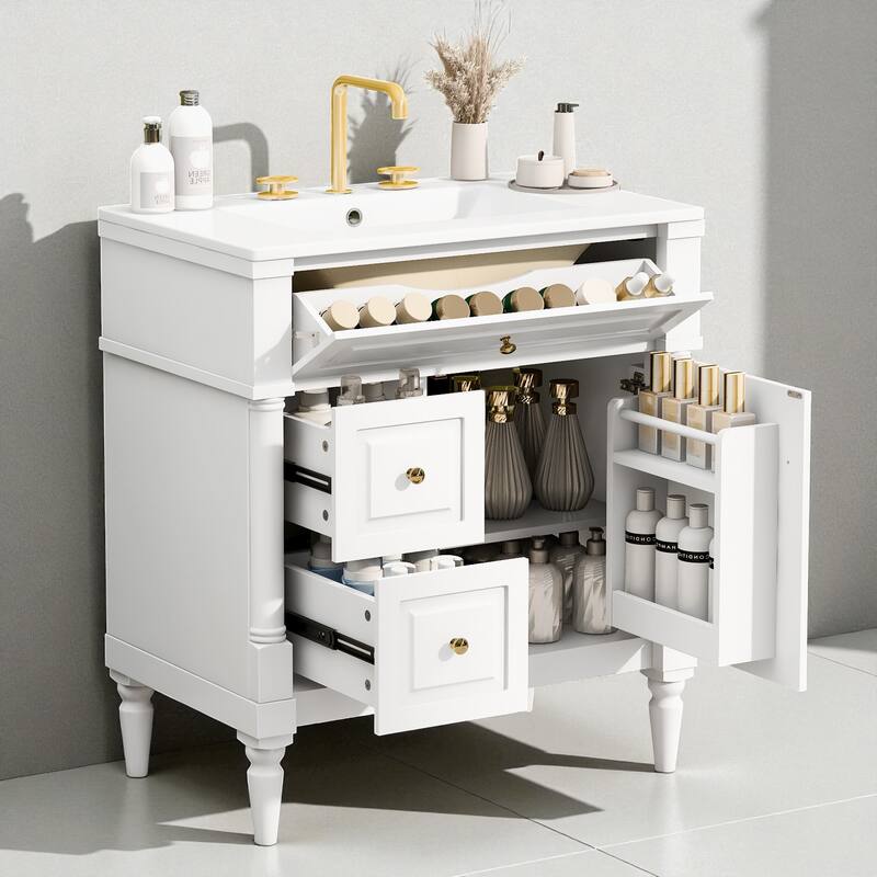 30" Freestanding Bathroom Vanity with Ceramic Sink, Solid Rubberwood Frame, Flip Drawer & Adjustable Shelf