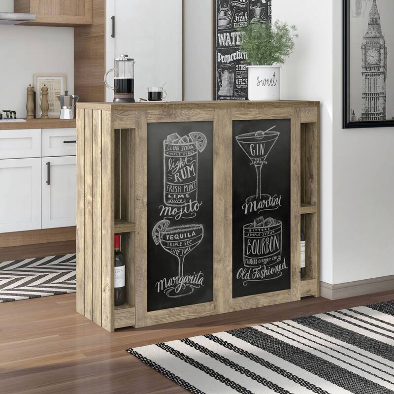 DH BASIC Farmhouse Weathered Oak 9-Open Shelf Home Bar with Chalkboard Menu Signs by Denhour