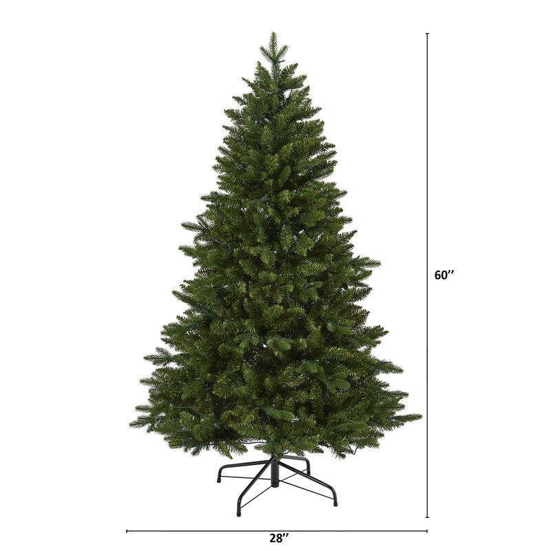 5Ft Artificial Christmas Tree with Lights - New Hampshire Fir Holiday Decor - Green - 28
