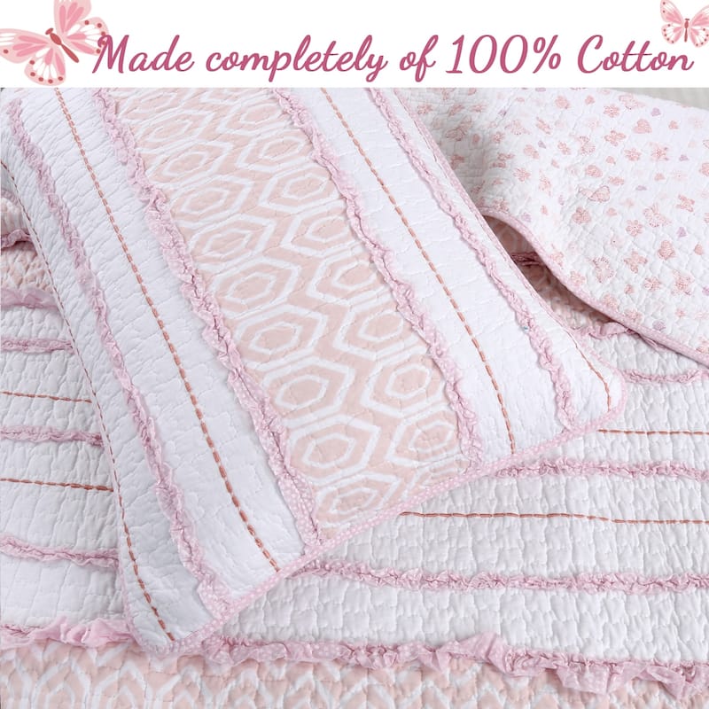 Cozy Line Pretty in Pink Ruffle Stripe Cotton Quilt Bedding Set
