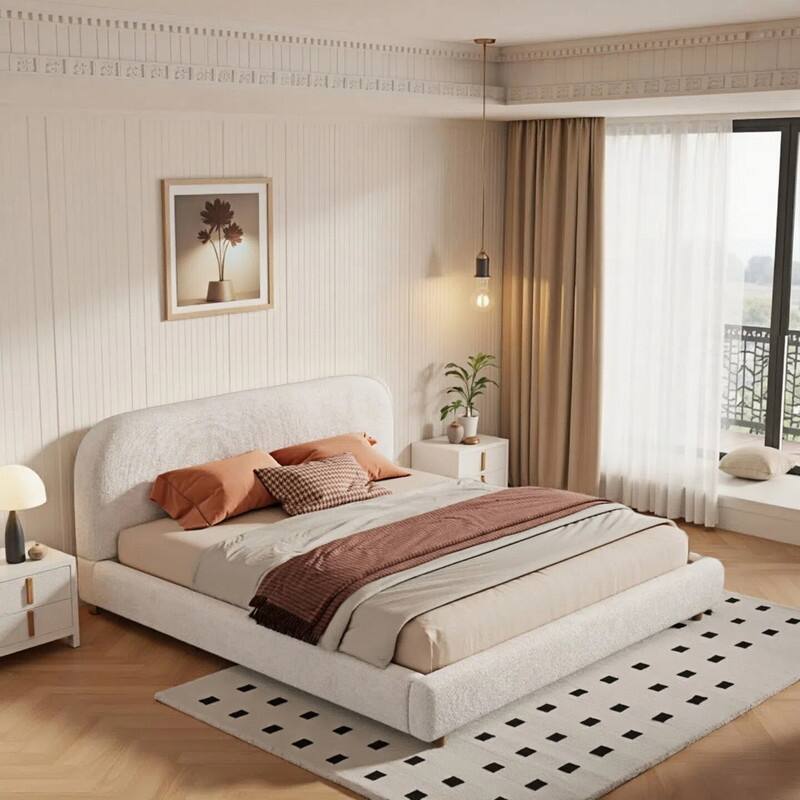 Teddy Fleece Thick Fabric Upholstered Platform Bed with Curved Shaped Headboard , Wood Bed Frame with Solid Round Legs - King
