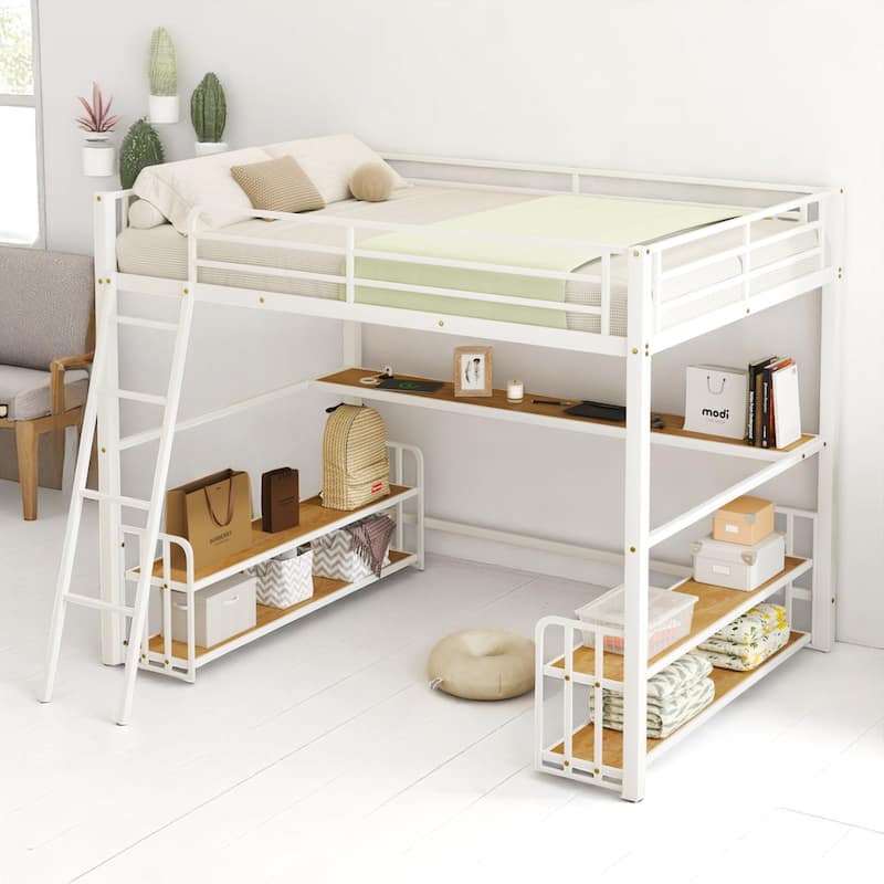 Space-Saving Loft Bed with Desk, Storage Shelves, and Charging Station - Twin/Full Size - White - Full