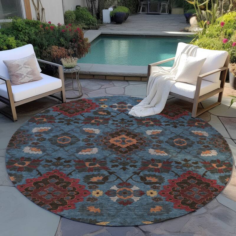 Machine Washable Indoor/ Outdoor Boho Traditional Chantille Rug - Denim - 8' x 8'