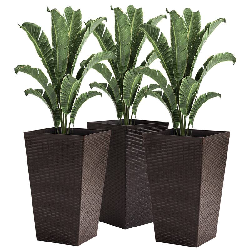 Tall Planters with Drainage Hole, Outdoor Flower Pots, Indoor Planters Set of 3 - Brown
