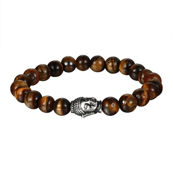 Tiger Eye Bead Bracelet Buddha Head Link Silver Tone Stainless Steel Shamballa