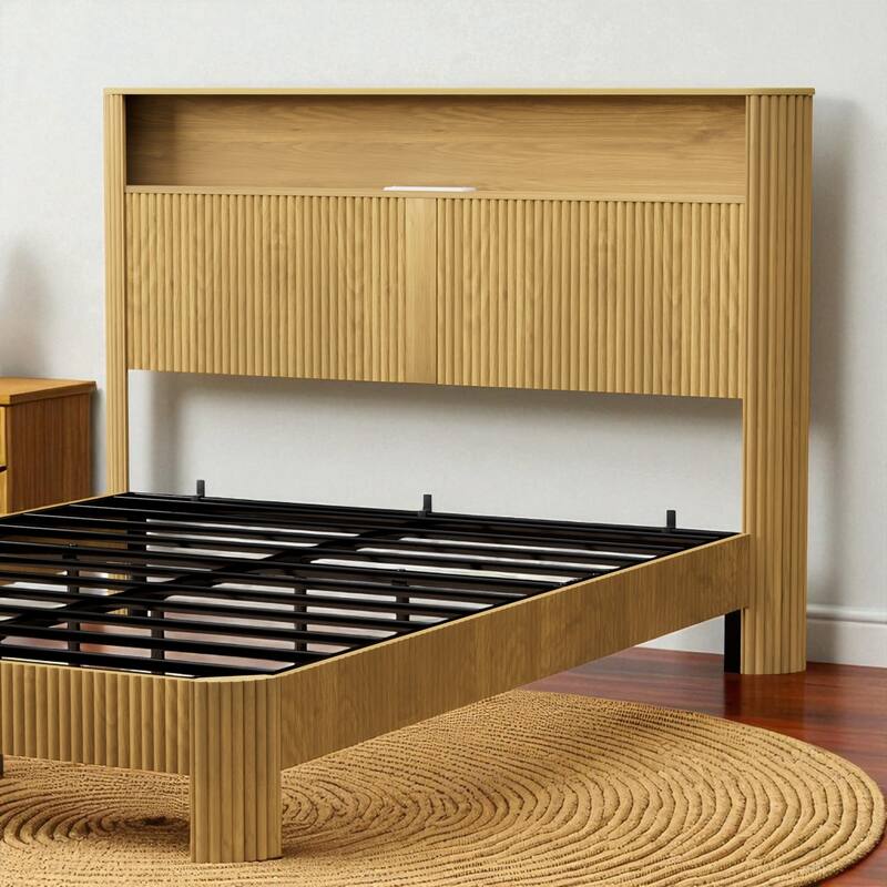 Full XL/Queen Bed Frame with Storage Headboard, USB Charging Station, Noise-Free Metal Platform with Curved Design