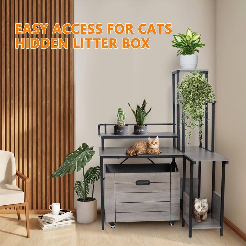 Cat Litter Box Enclosure Furniture with Flower Stand