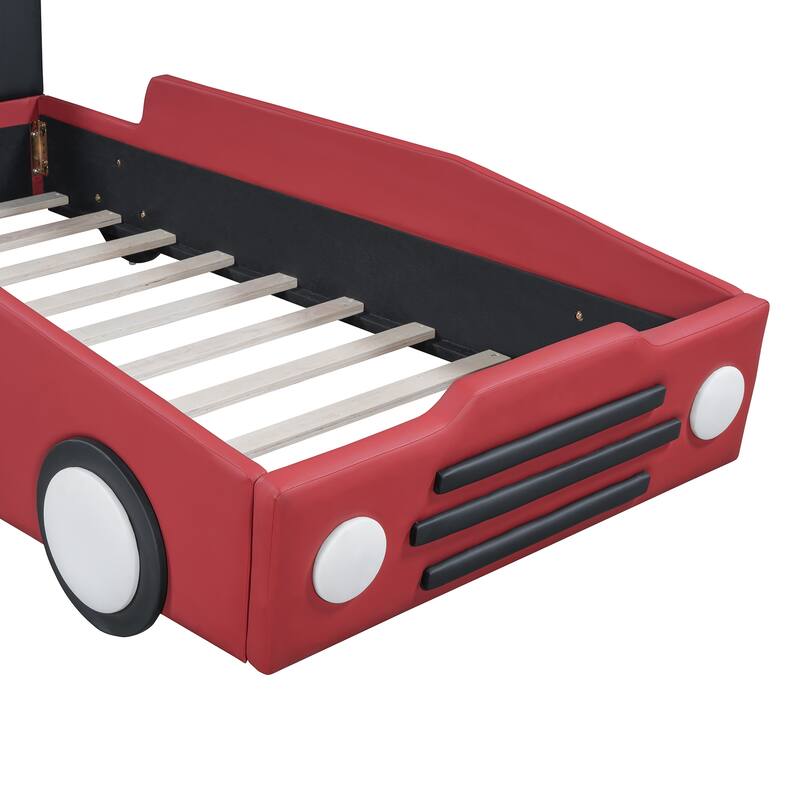 Twin Race Car-Shaped Platform Bed with Wheels, Safety Rails, PU Leather, Pine Wood Frame for Kids' Rooms