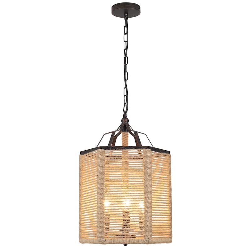 3-Light Farmhouse Lantern-style Chandelier with Hemp Rope for Living Room
