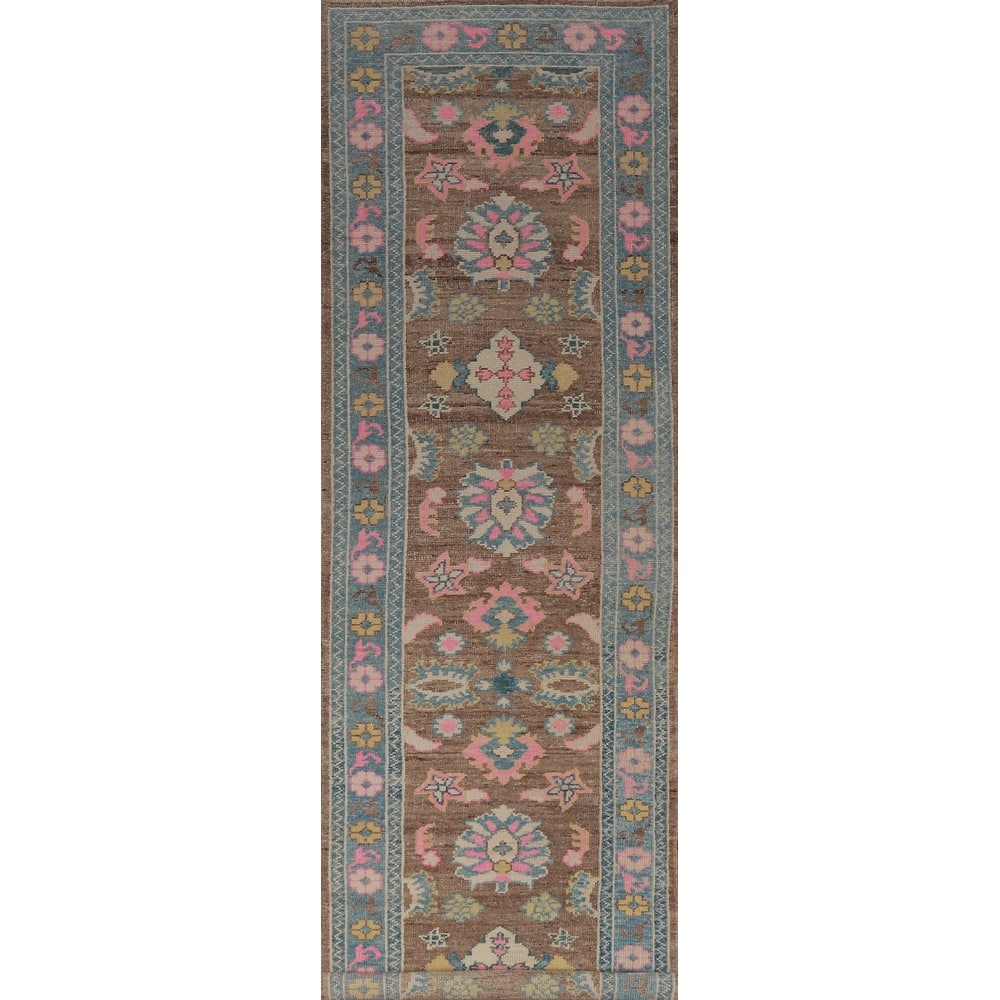 Hand Knotted Oriental 100% Wool Carpet Transitional Floral Brown Oushak Runner Rug - 15' 3'' X 3' 4''
