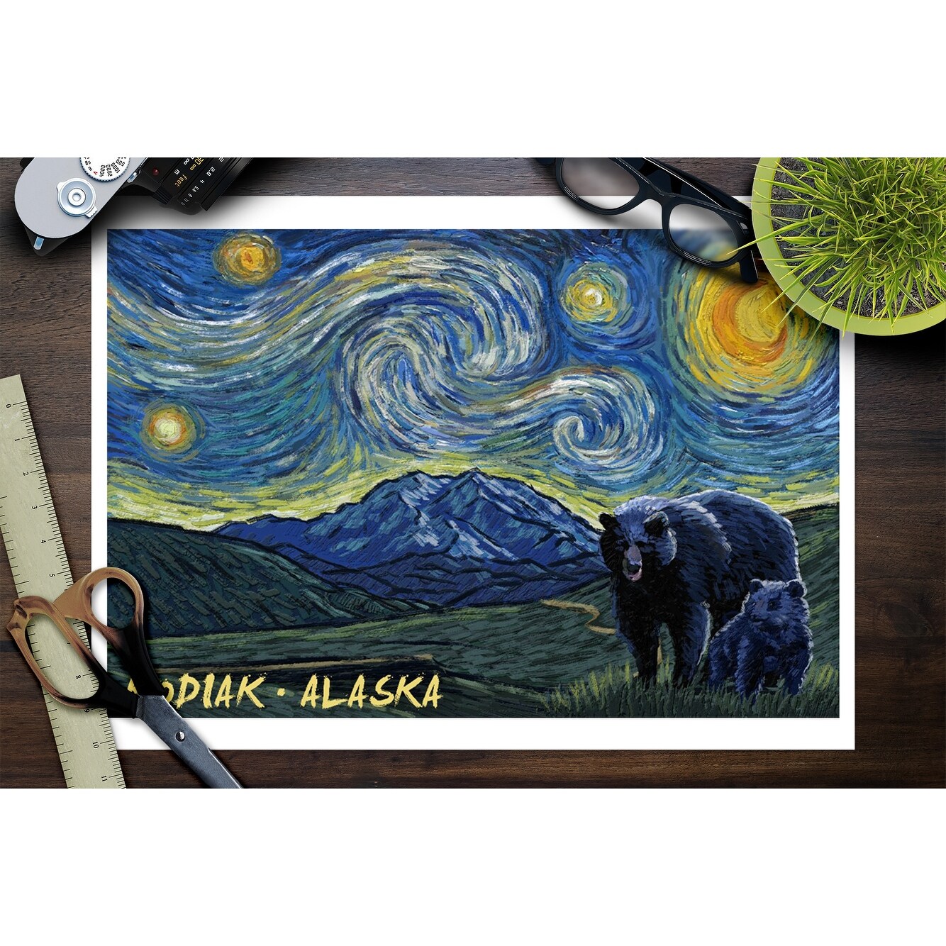 Kodiak Alaska Starry Night Grizzly Bear Cub Lantern Press Artwork Art Print Multiple Sizes Available