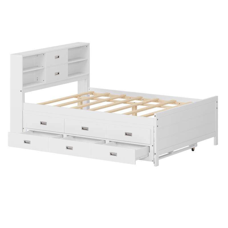Full/Twin Size Captain Bed with Storage Bookcase Headboard,Captain bed with Trundle and Three Storage Drawer