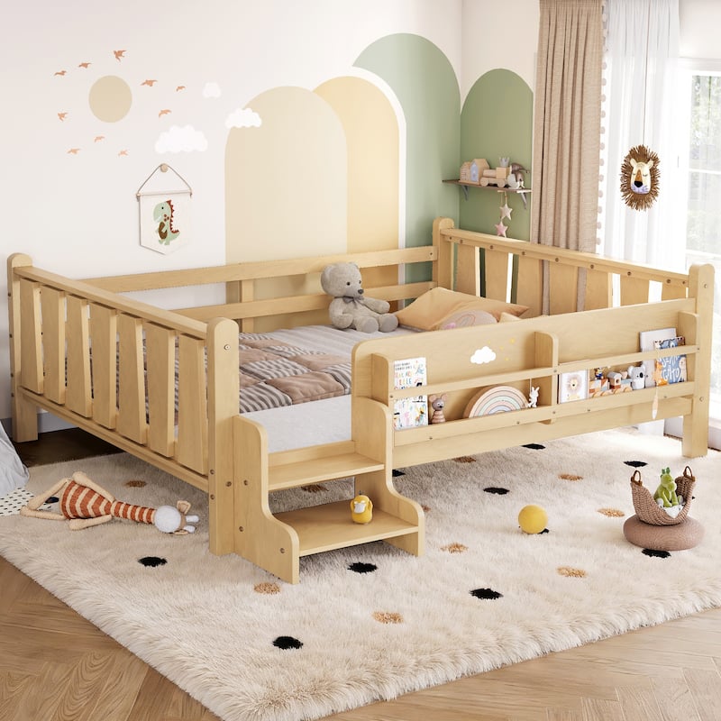 Full/Twin Floor Bed with Storage Bookcases & Cute Stairs - Solid Wood Kids Bed, No Box Spring - Light Natural - Full
