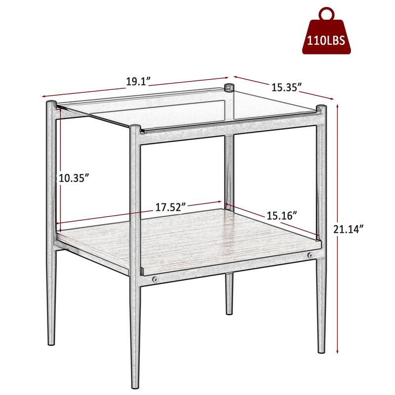 Set of 2 Rectangle End Table Tempered Glass Tabletop with MDF layer