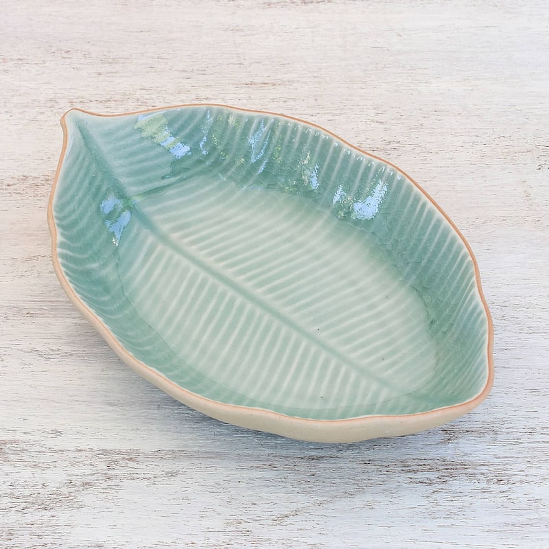 Novica Handmade Thai Leaf Celadon Ceramic Serving Bowl