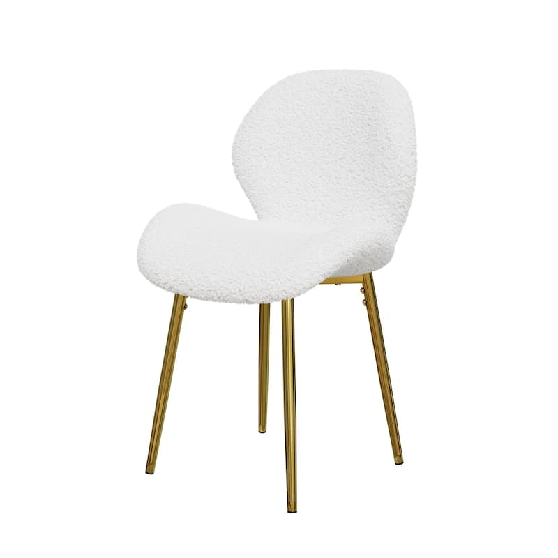 Modern minimalist white teddy velvet Dining Chairs Set of 2 with sturdy gold metal legs and comfortable backrest design,