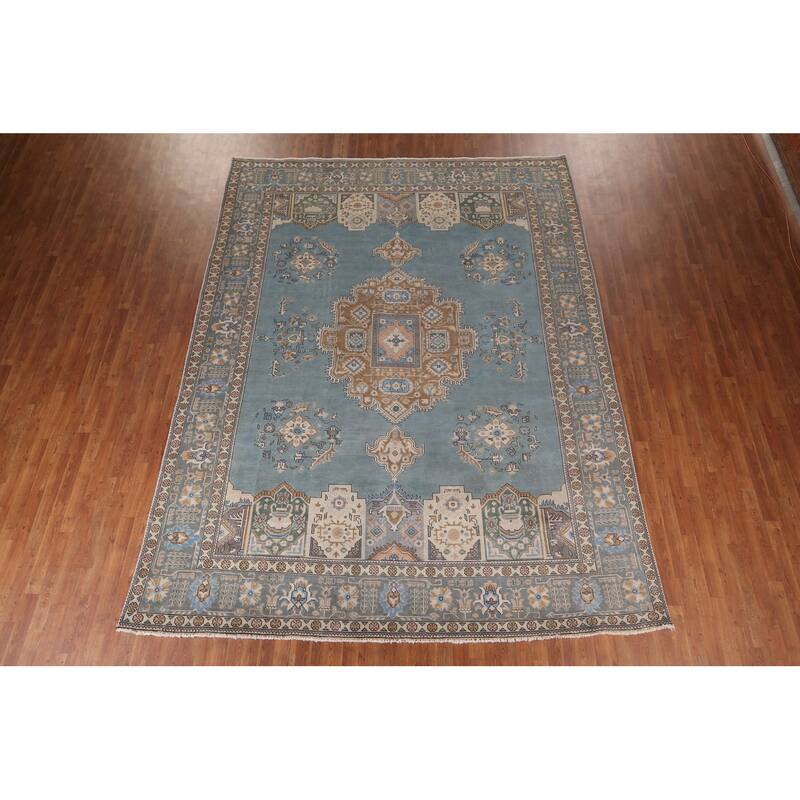 Light Blue Geometric Tabriz Persian Vintage Rug Handmade Wool Carpet - 9'7"x 12'8"