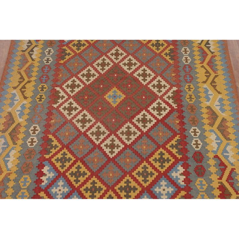 Geometric Kilim Persian Vintage Area Rug Flatweave Wool Carpet - 6'7"x 9'6"