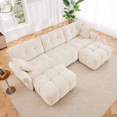 Modular Wood Frame 3-seater Sectional Sofa Set with Ottomans and Throw Pillows