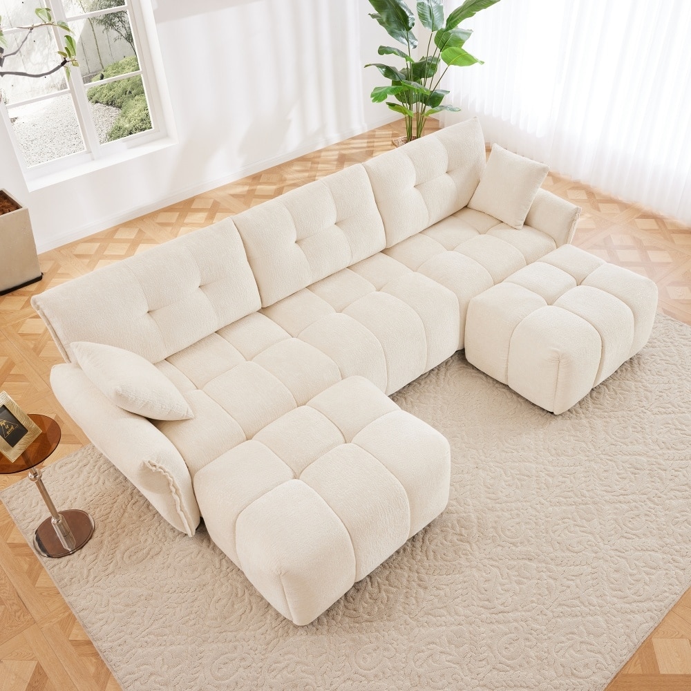 Modular Wood Frame 3-seater Sectional Sofa Set with Ottomans and Throw Pillows