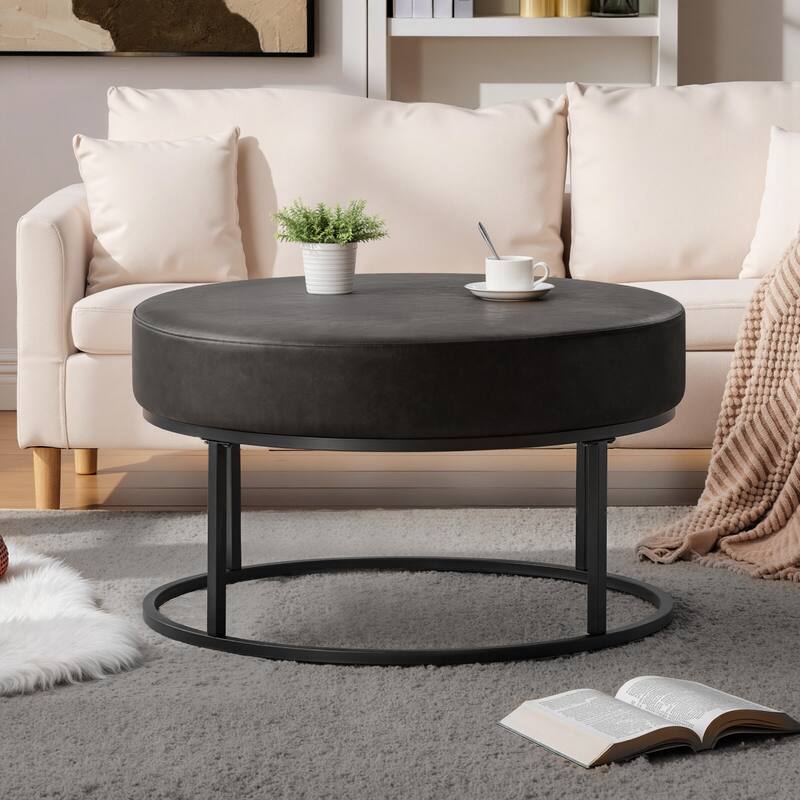 Faux Leather Round Ottoman for Living Room with Metal Legs