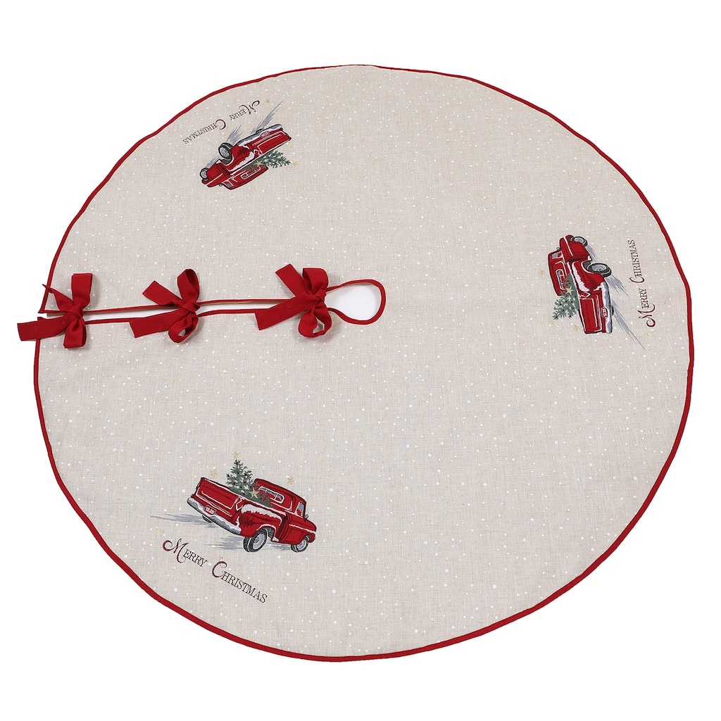 Christmas Red Pick-up Truck Embroidered Treeskirt - Linen Fab