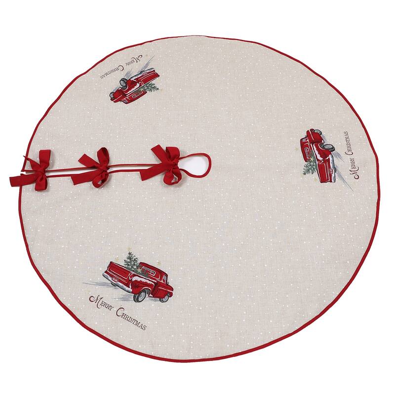Christmas Red Pick-up Truck Embroidered Treeskirt - Linen Fab
